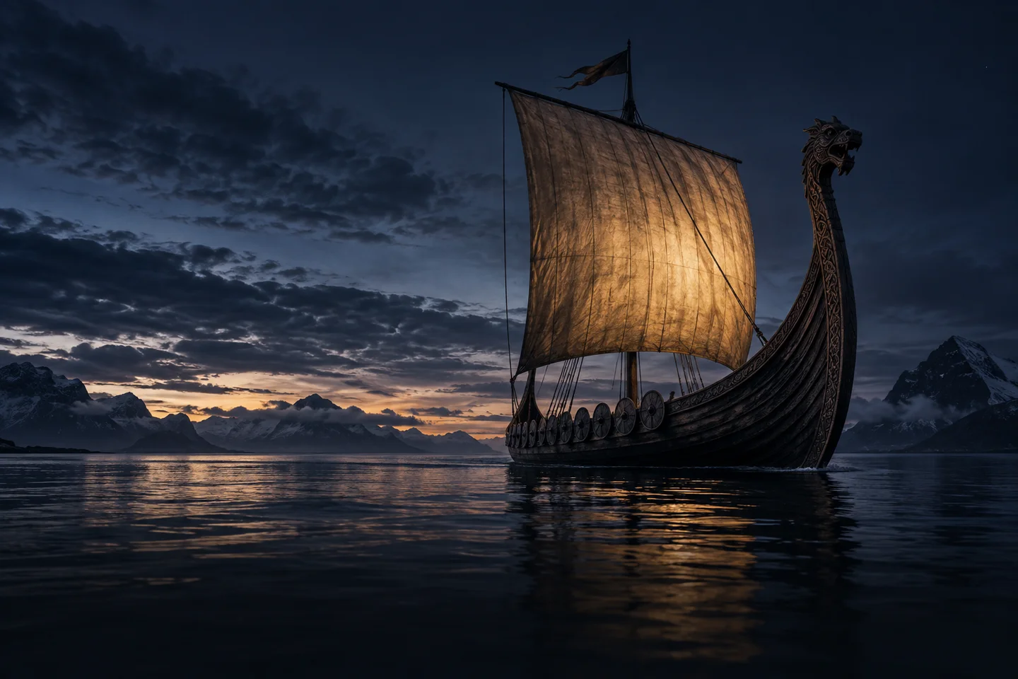 A dragon-prowed longship crosses dark water.