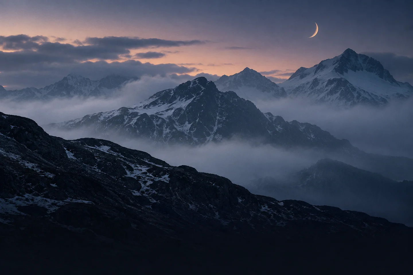 Layers of mist beneath a northern crescent.