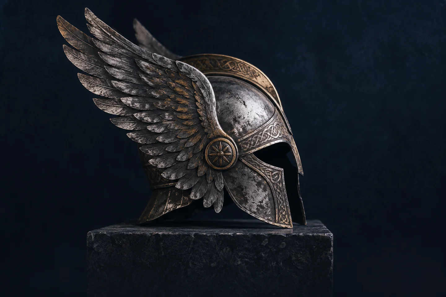 A winged helm, silver shadow and a gilded crest.