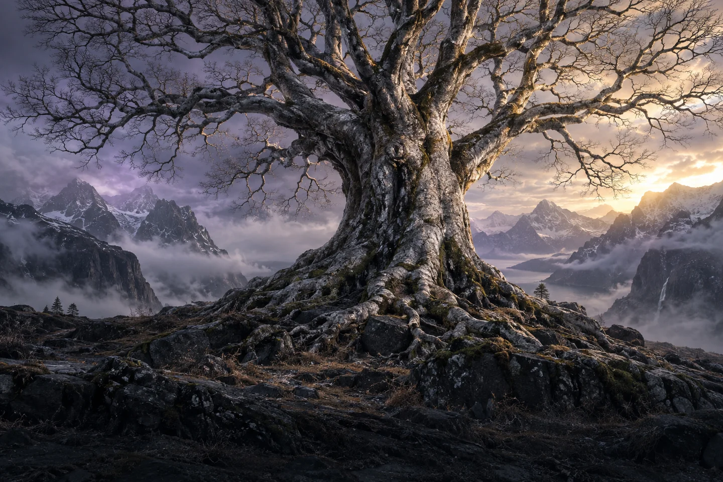 The world tree imagined in a Nordic landscape.
